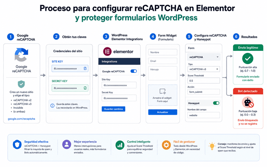 reCAPTCHA WordPress: 9 pasos efectivos para bloquear spam y bots en formularios de Elementor 3 Recaptcha Wordpress